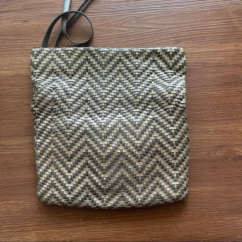 Eileen Fisher Taupe and Gold Woven Leather Convertible Purse